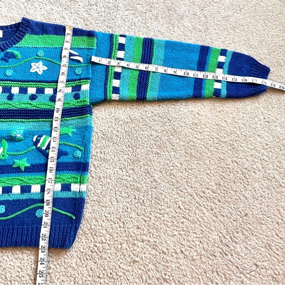 Vintage TALBOTS Ramie Cotton Embroidered Ocean Fish Crew Neck Sweater—SZ. Med - Picture 9 of 13